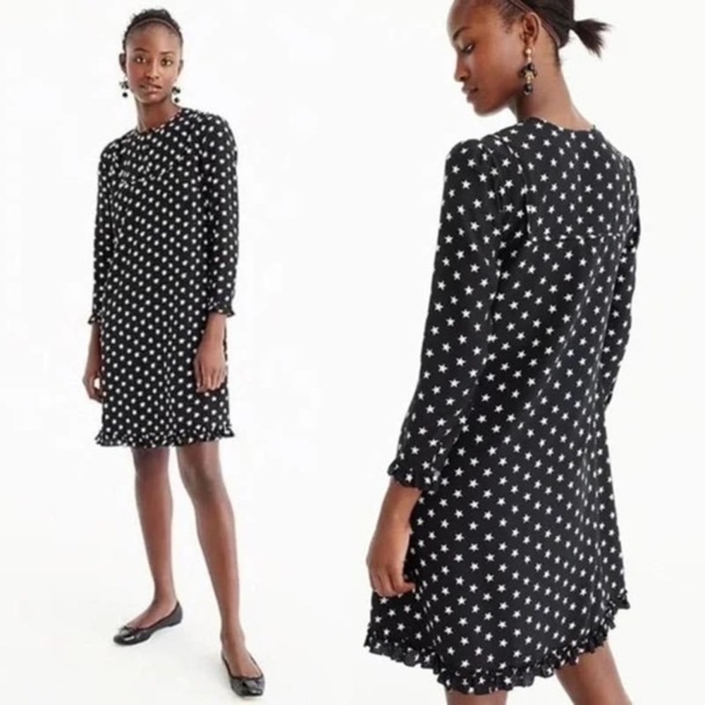 J. Crew 100% silk star print dress 4 S black white neutral long sleeve shift